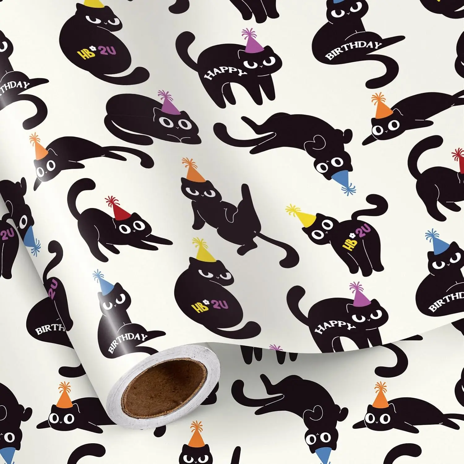 Birthday  Wrapping Paper Roll, Cute Black Cats with Party Hats & Happy Birthday Text Funny  Wrap for , Teens,  Lovers, Party, 17 Inches x 16.4