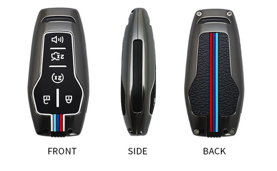 Zinc Alloy Car Key Cover Cases Compatible with Ford Edge Explorer F-150 F-250 Fusion Mondeo 5 Buttons with Fluorescent Tricolor Strip (Matte)