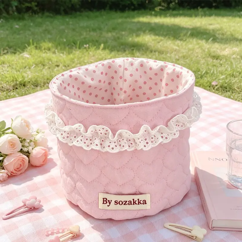 Cute Heart and Stripe Pattern Fabric Storage Basket, Multi-functional Desktop Organizer Bucket Foldable Small Items Holder Home Decorative Basket Foam Quilted Makeup Storage Basket Makeup Tools & Brushes Holder Snack Organizer Accessories Storage Basket