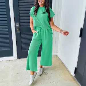 Bright Green Solid Corded Knit Short Sleeve T Shirt and Wide Leg Pants Set Women's Summer Lounge Outfit