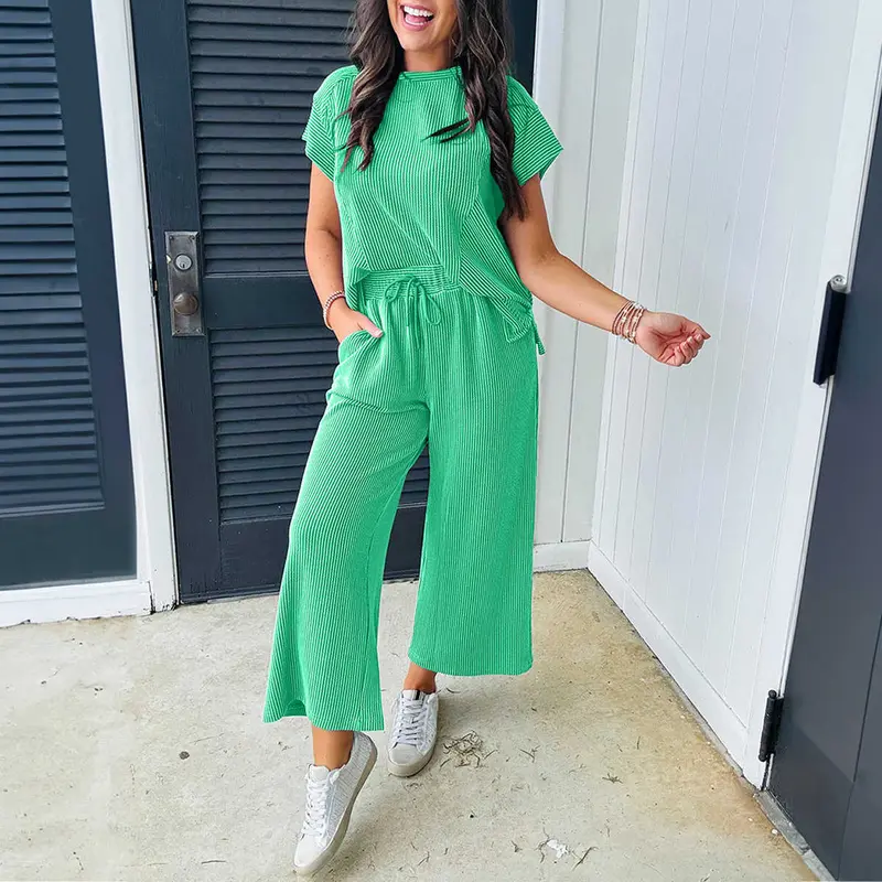 Bright Green Solid Corded Knit Short Sleeve T Shirt and Wide Leg Pants Set Women's Summer Lounge Outfit,travel essentials,camping essentials tiktokshopbacktoschool#BackToSchool,back to school haul