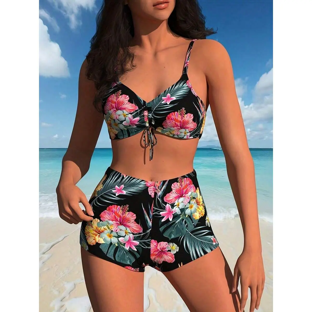 Women's 2026 New 3-Piece Floral Print Bikini Sets - High-Waisted Shorts Bikini Top, Sheer Beach Cover Ups