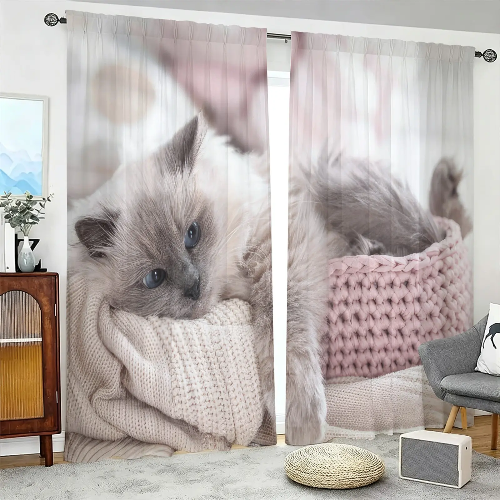 2Pcs Adorable Fluffy Ragdoll Cat Semi-sheer Decorative Curtains, Rod-pocket Style Privacy Curtains, Light Filter Microfiber Window Drapes, Cozy Decor for Girls Bedroom, Trendy Aesthetic Must-have for Cat Lovers
