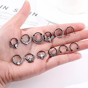 Summer Popular 12Pcs Septum Rings 16G Daith Earrings Nose Rings Hoop Stainless Steel CZ Opal Cartilage Helix Tragus Earrings Septum Clicker Piercing Jewelry Silver Black Rose Gold