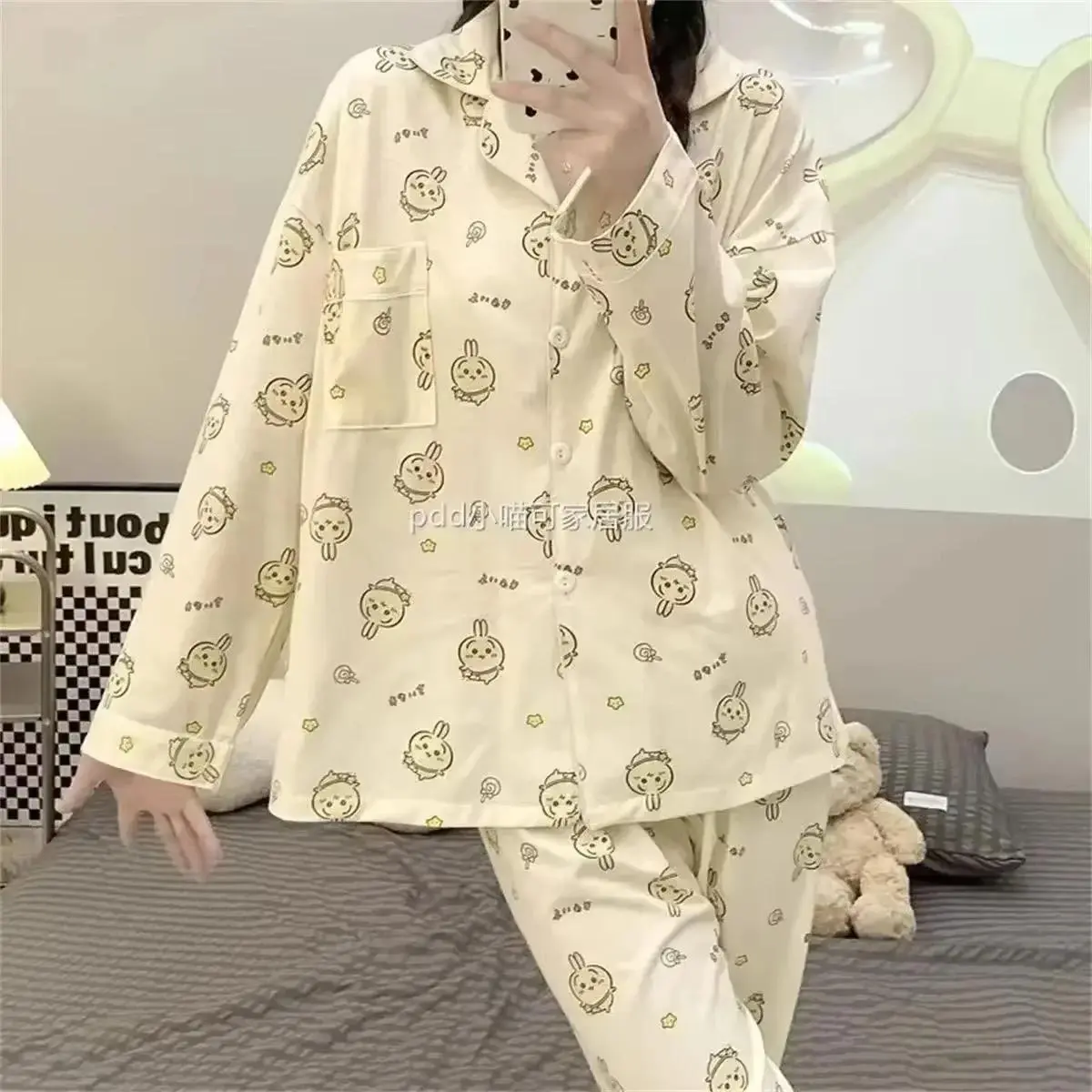 Chiikawa Cartoon Women's Pajamas Set Hachiware Usagi Pajamas Spring and Autumn Long-Sleeved Trousers Cute Student Home Wear Set