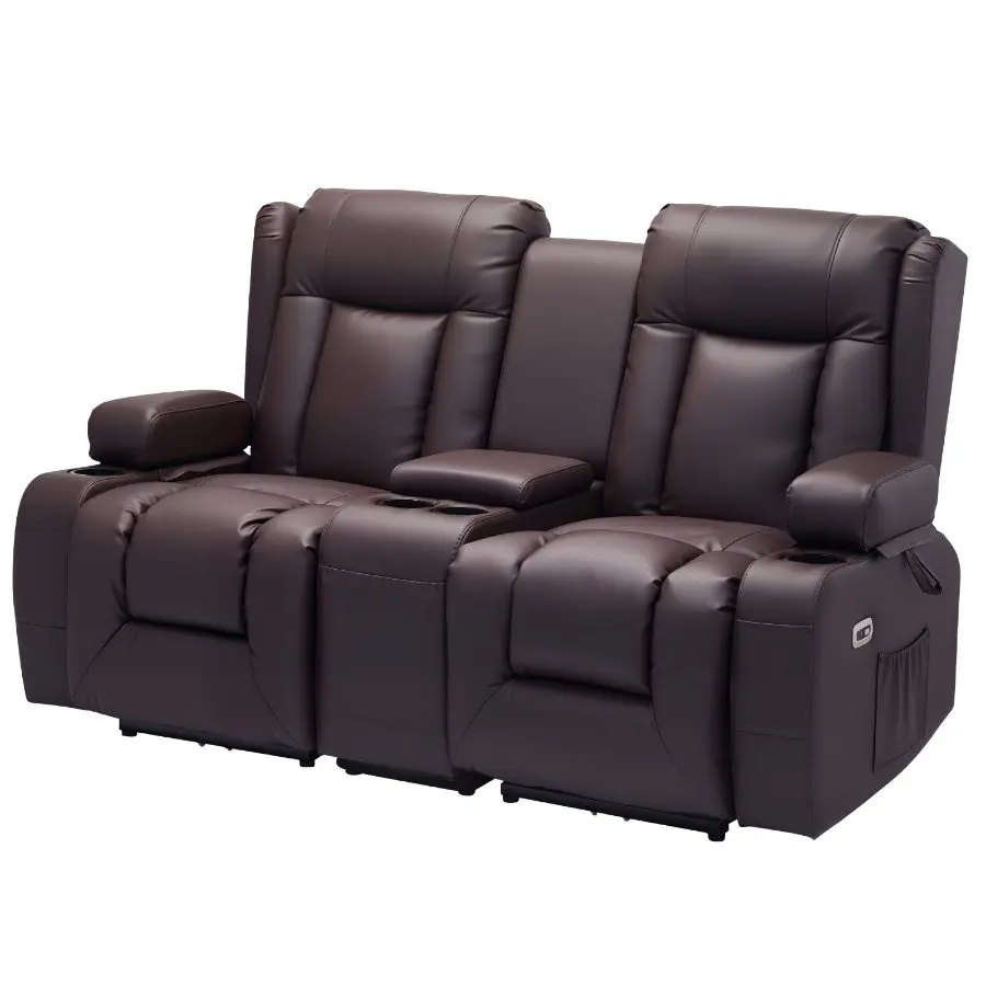 VEVOR Power Reclining Loveseat Sofa, PU Leather Living Room Couch with Heating Massage, Timer, Center Console, USB Ports, Cup Holders, Side Bags