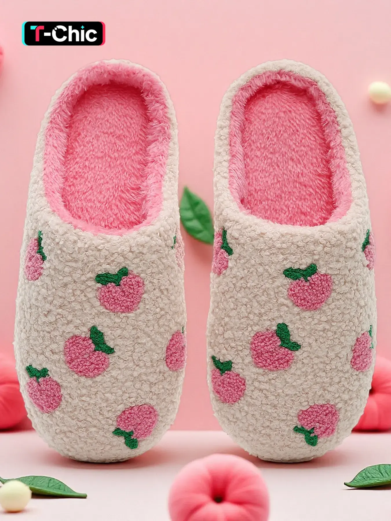 Women's Cute Peach Pattern Plush Slippers, Casual Soft Comfortable Home Slippers, Warm House Slippers For Indoor & Outdoor Use For Fall & Winter, Footwear