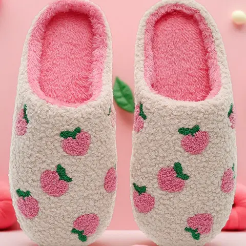 Women's Cute Peach Pattern Plush Slippers, Casual Soft Comfortable Home Slippers, Warm House Slippers For Indoor & Outdoor Use For Fall & Winter, Footwear