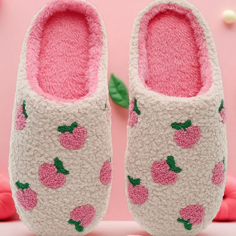 Women's Cute Peach Pattern Plush Slippers, Casual Soft Comfortable Home Slippers, Warm House Slippers For Indoor & Outdoor Use For Fall & Winter, Footwear