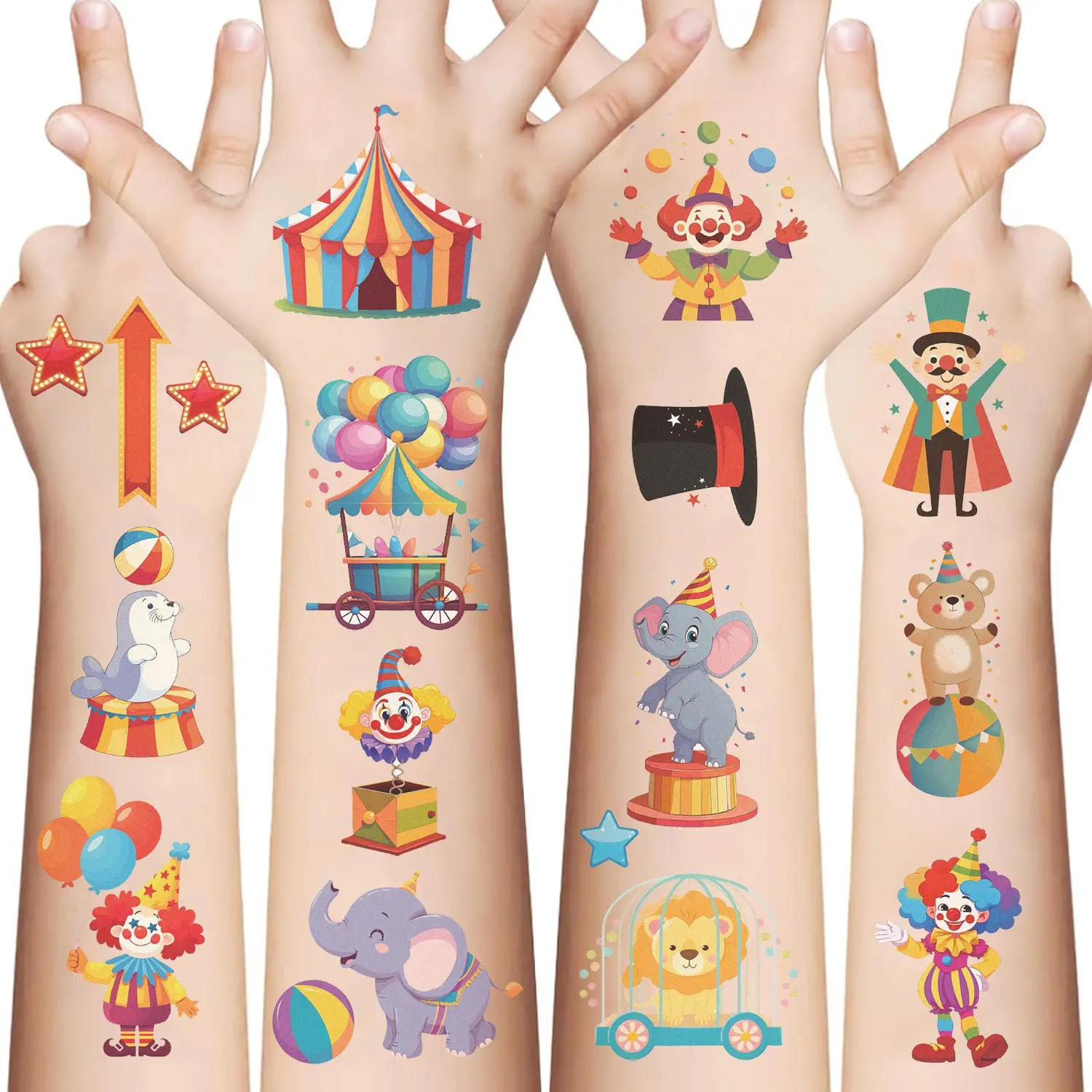 10 Unique Circus Theme Tattoos, Vibrant Designs: Clown, Lion, Elephant, Magician Hat, Balloons, Bear, Tightrope Walker, Tent, Rainbow