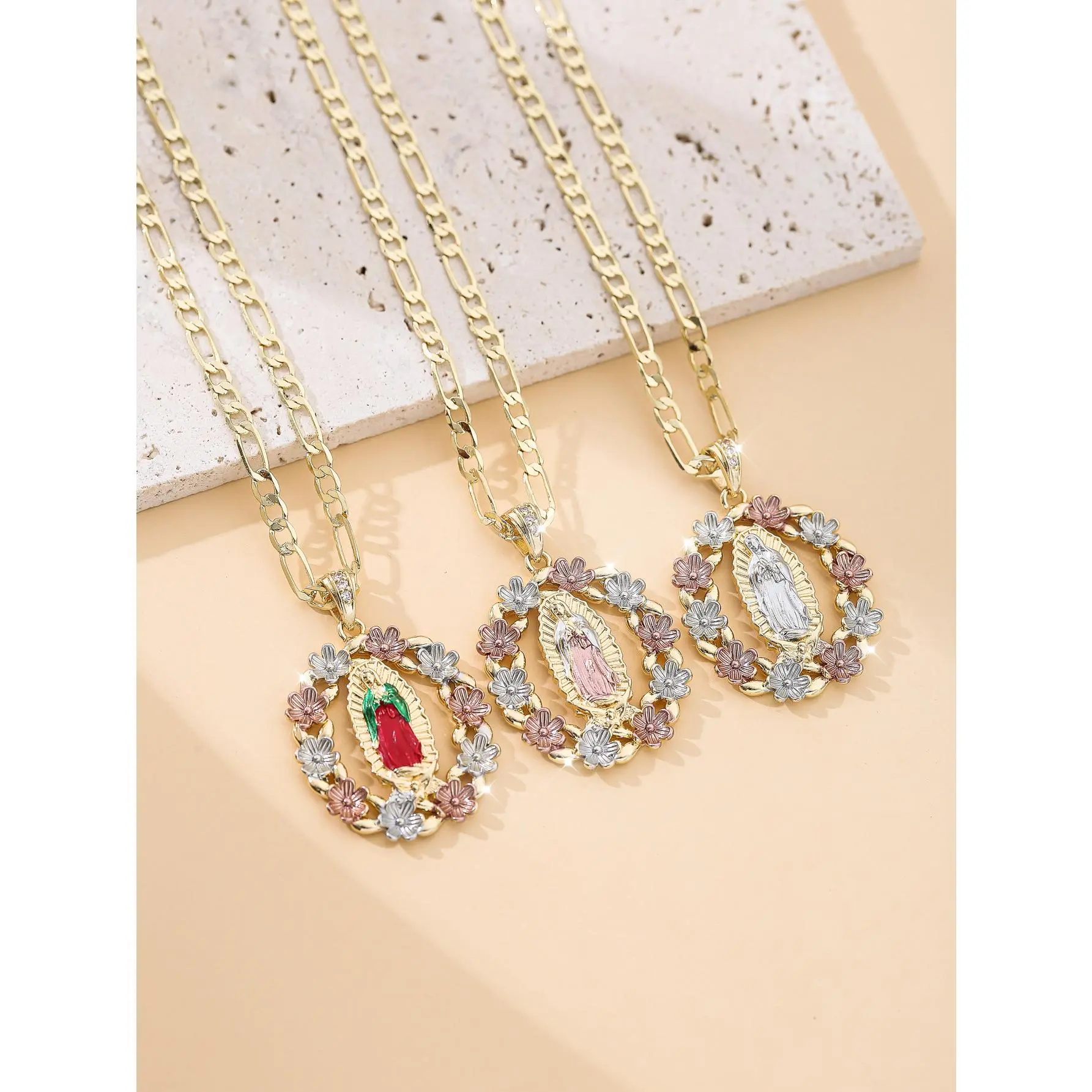 Women's Faith Necklace - Colorful Virgin Mary with Floral Wreath Pendant, Gold Figaro Chain & Link, Elegant Christian Collarbone Choker for Daily Wear, Colored Necklaces, Meaningful Aesthetic Religious Jewelry Gift