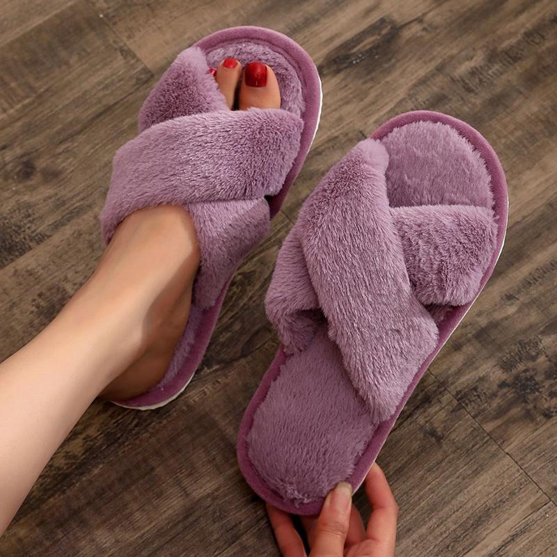 Autumn Winter Fluffy Fur Slippers Women Lightweight Cross Band Plush Slides Woman 2026 Open Toe Flats Fuzzy Home Slippers Female