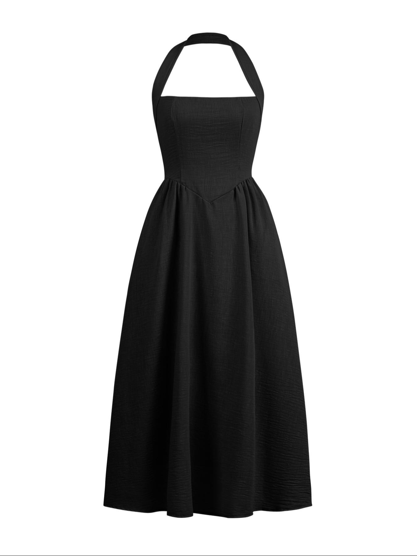 Women's Plain Pocket Zipper Back Dress, Casual Sleeveless Halter Neck A Line Dress for Summer, Ladies Clothes for Beach Holiday, Brunch Dresses, Casual Wear