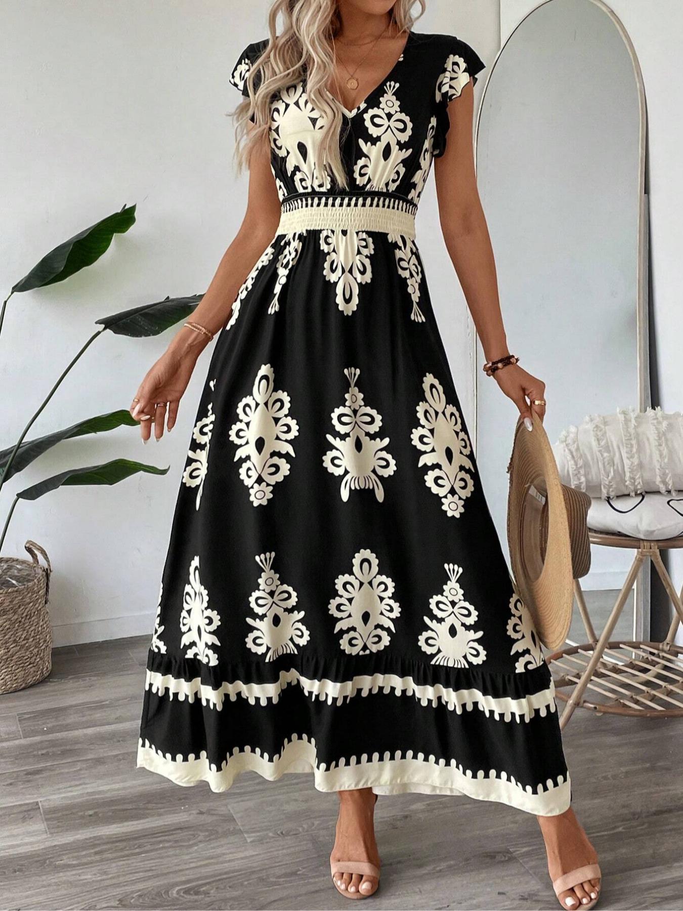 【Plus Size】 Ethnic Pattern V Neck Dress, Boho Cap Sleeve Long Dress for Beach Holiday Vacation, Women's Clothes for Summer, Bohemian Boho Fashion