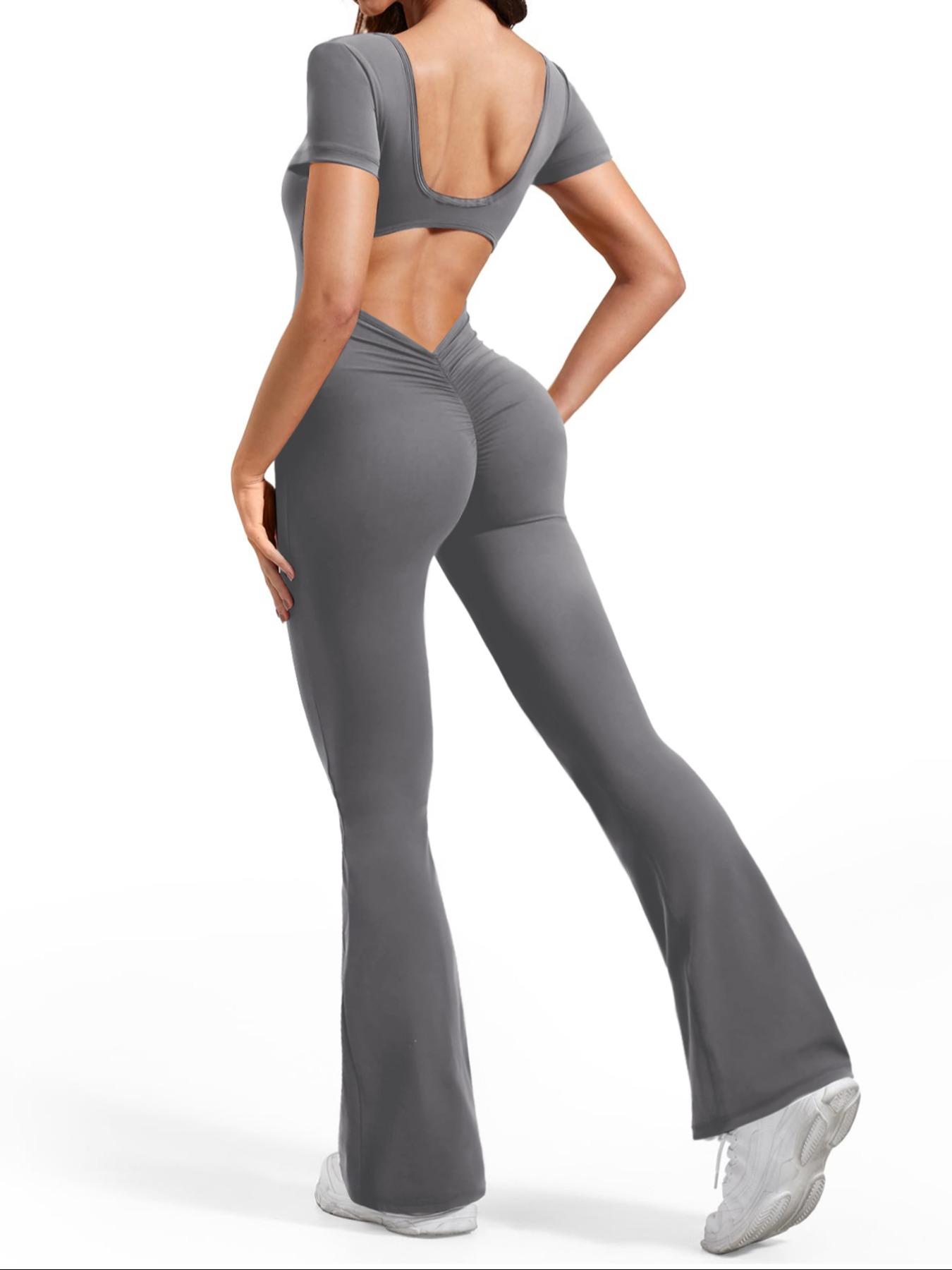 Women's Solid Cut Out Backless Flare Leg Sports Jumpsuit, Sporty Square Neck Ruched Bell Bottom Tummy Control Jumpsuit for Yoga Gym Workout, Ladies Sportswear for All Seasons