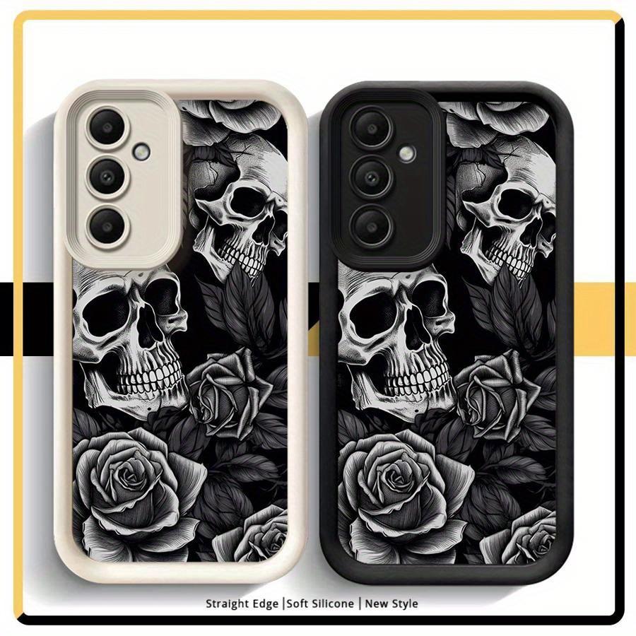 Phone Case for Samsung Galaxy A16 A55 A25 A35 A15 A54 A34 A14 A24 A53 A33 A23 A13 A52 A32 A22 A12 A51 A71 A72 A73 Cover Protective High-Quality Soft Shockproof Funda Gray Skull Rose