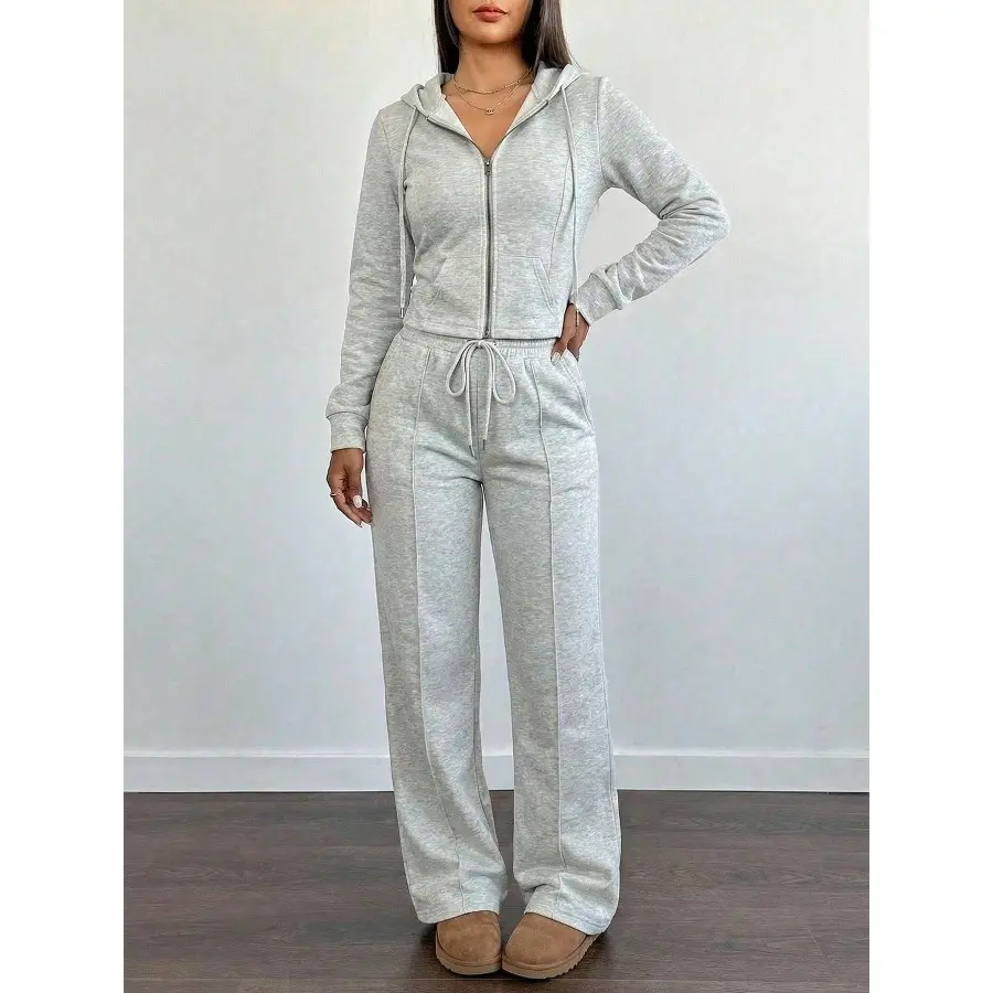 Women's Loose Tracksuit 2 Piece Sets, Light Grey Casual Athletic Sportswear, Cropped Zip-Up Hoodie & Wide Leg Sweatpants, Athleisure Gym Clothes