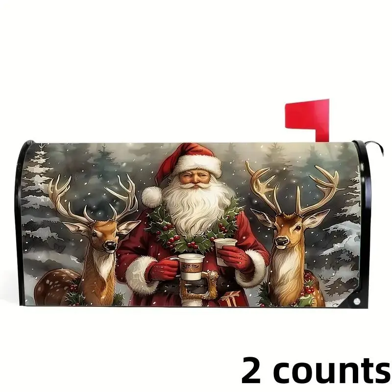 2 Counts Santa Claus and reindeer mailbox set - winter themed fabric mailbox packaging, suitable for outdoor decoration in gardens and courtyards, standard size 18 x 21 inches - durable seasonal mailbox decoration with safety buckle design