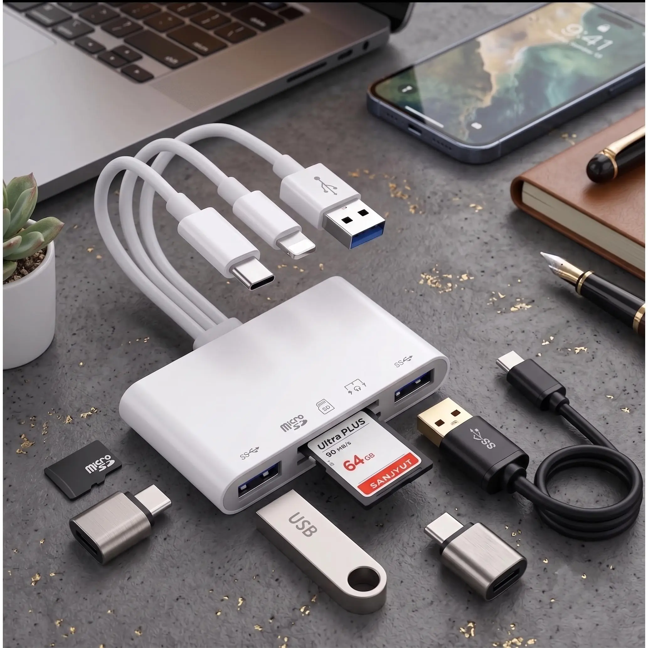 Portable 5-in-1 OTG Card Reader for Camera Phone Laptop, USB-A/Type-C/Adapters, SD TF Dual Slots, 90MB/s Fast Transfer, Charging Port for Travel Content Creation