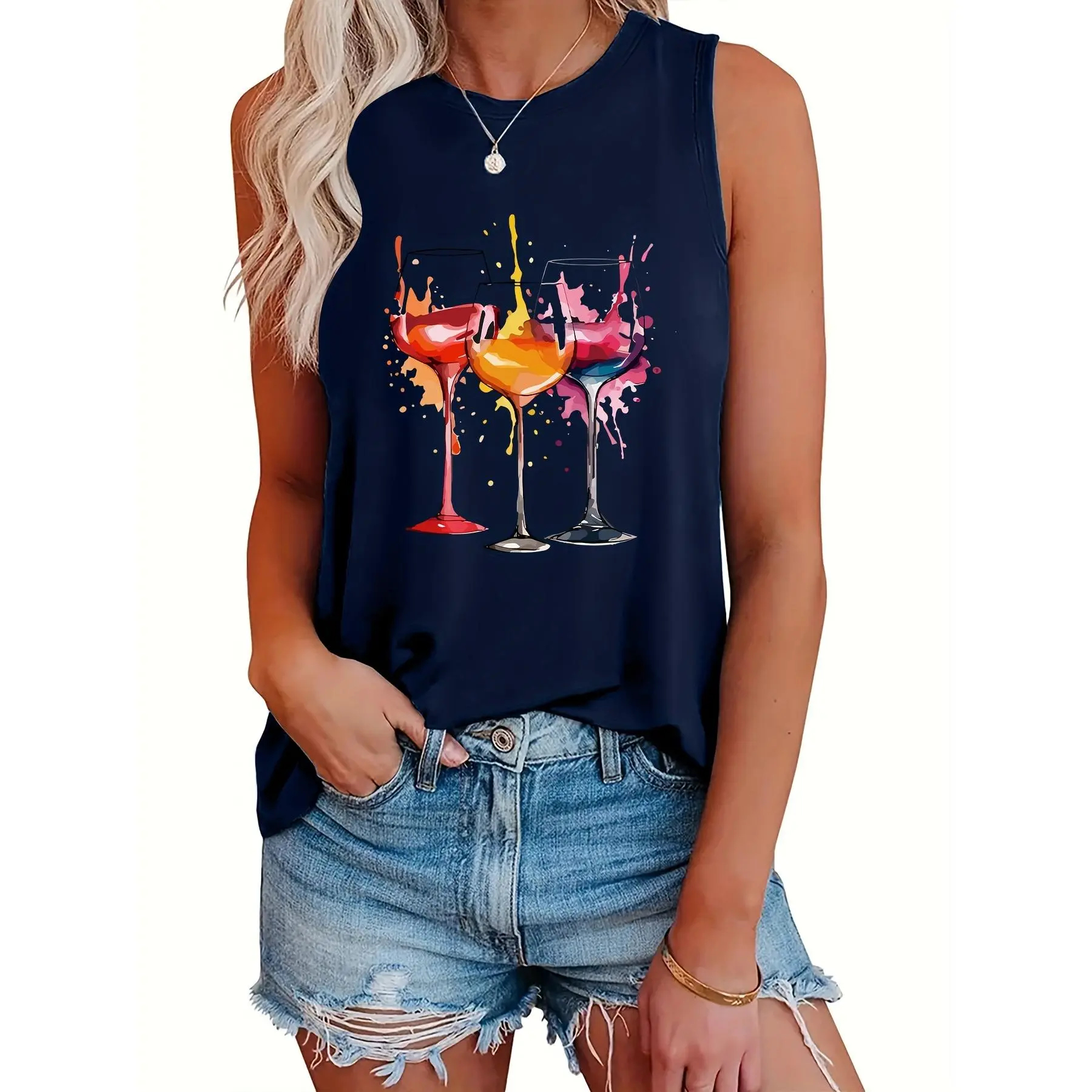 Plus Size, Vest with Three Highball Glasses Print, Plus Size, Round Neck, Fashionable Vest