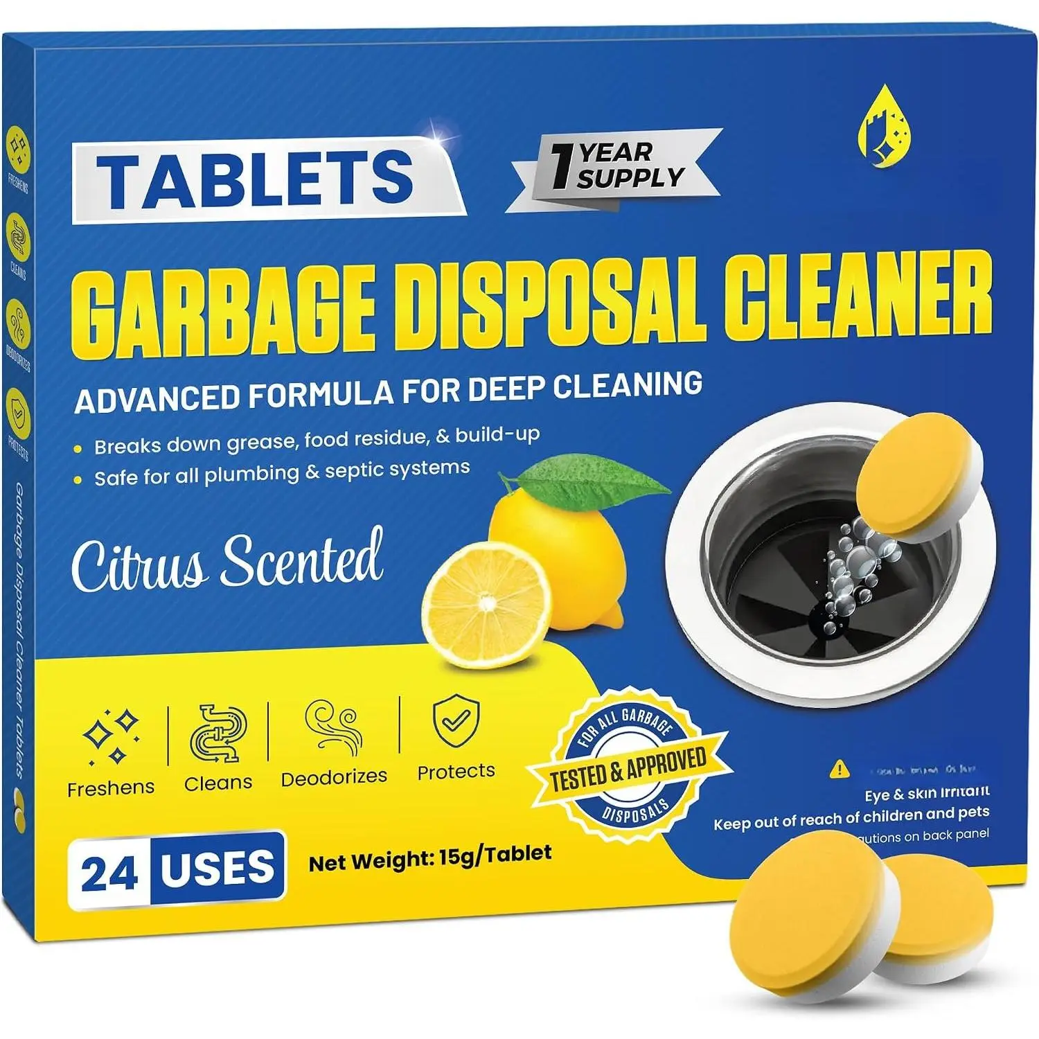 Garbage Disposal Cleaner Deodorizer Tablets - 24 Pack (1 Year )  Foaming XL 15g  Citrus-Scented  Freshener Tabs Clean, & Eliminate Garburator Disposer Sink Odors