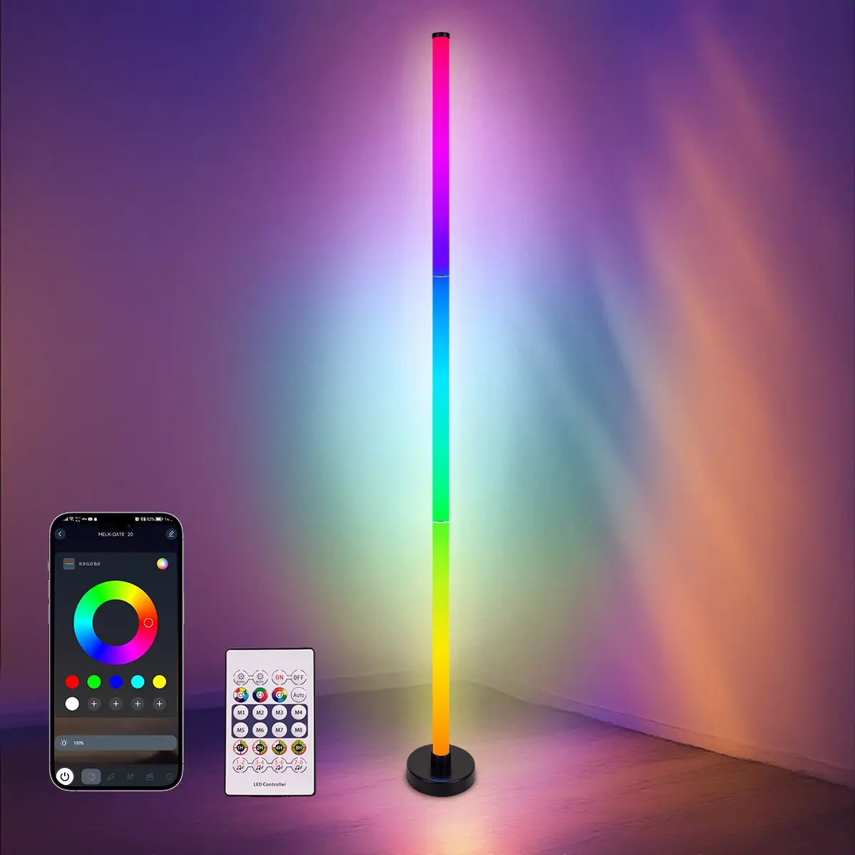 Smart RGB Gradient Ambient Light Floor Lamp, LED Corner Light, IC LED Sound-Pickup Lamp, APP Controlled Music Sensing Ambiance Light