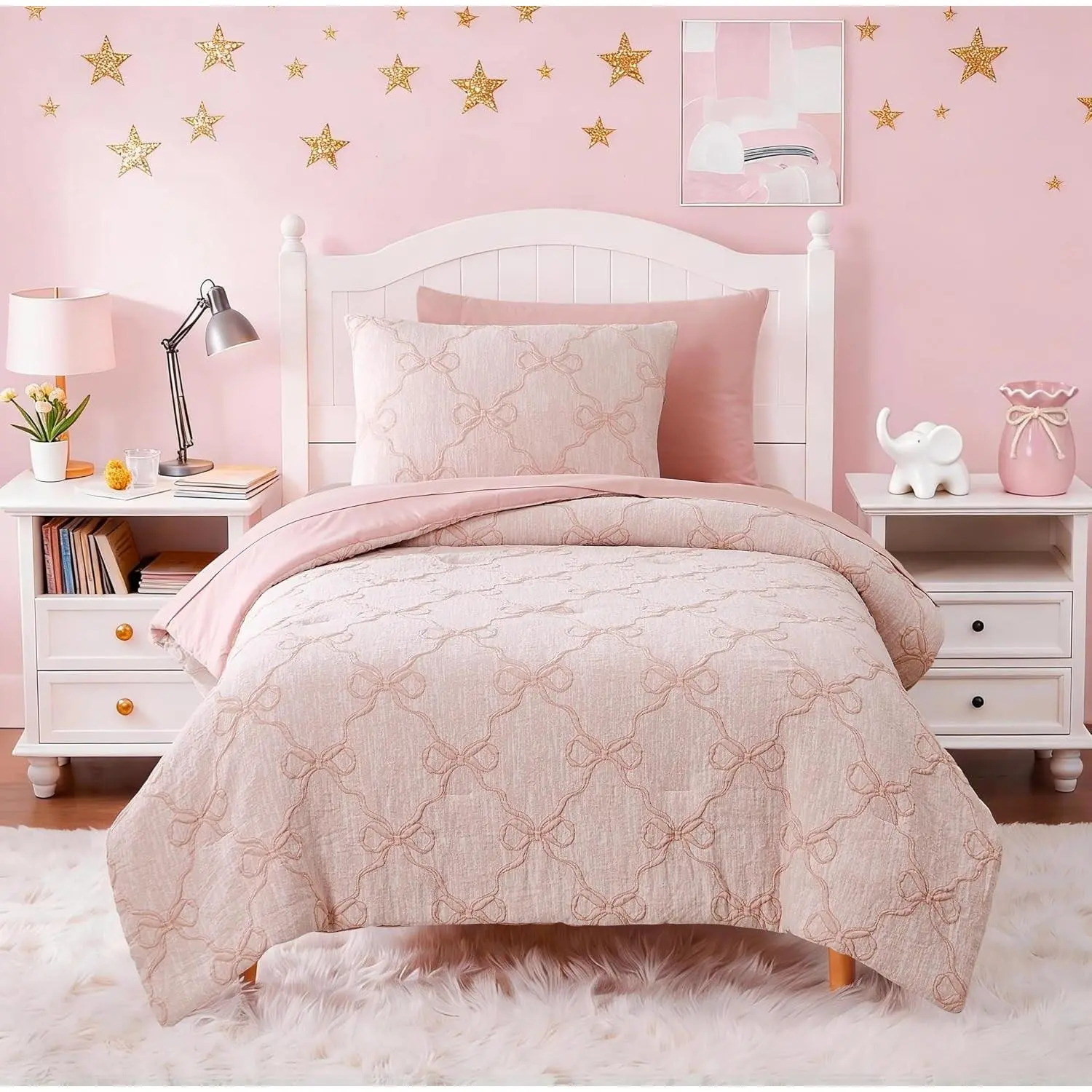 5-Piece Pink Diamond Bedroom Bedding Set for Children Girls - Twin Size Kids' Set with Comforter (66"x86"), Sheets, Pillowcase & Sham