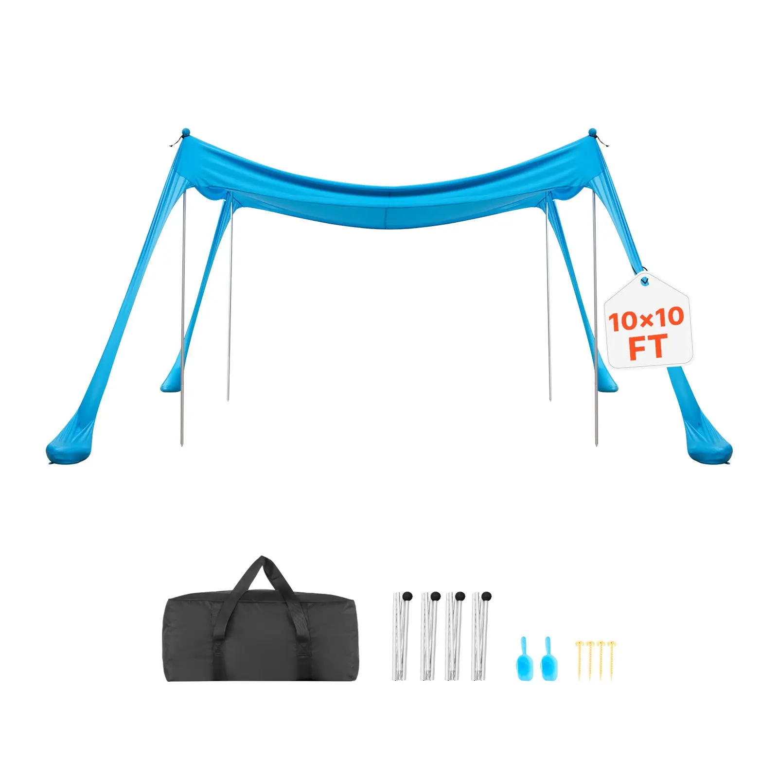 VEVOR Square 10x10ft Outdoors Hybrid Lycra Beach Tent Sun Shelter, UPF50+ Sun Protection, 6.6ft Tall Easy Pop-Up Canopy, 4 Sandbags, Stability Poles, Sand Shovels, Portable Shade for Multiple Users Family Outings, Camping, Easy Setup, Anti-Rollover