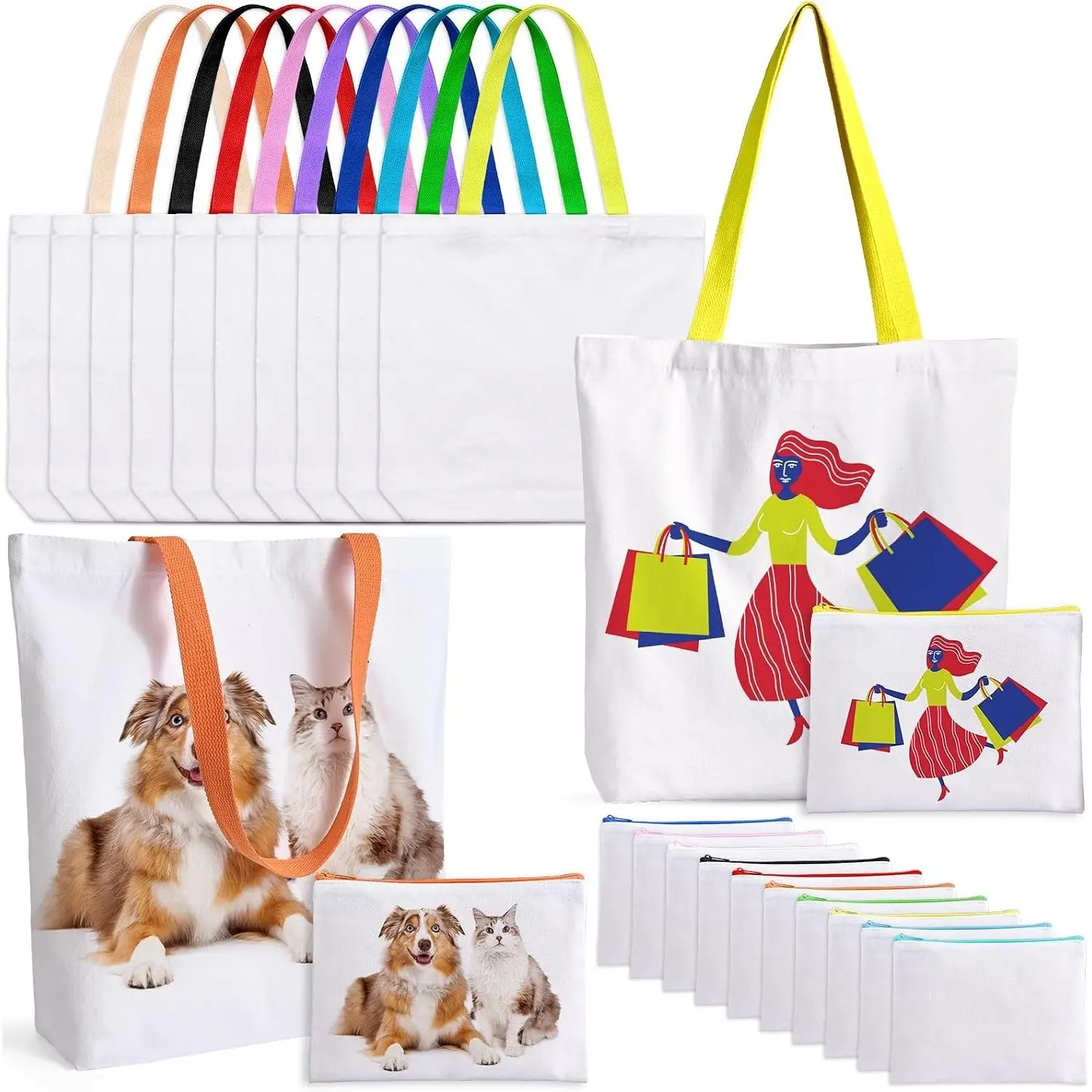 20 Pack Sublimation Blanks Canvas Tote Bags, Reusable Grocery Bags Heat Transfer Widen Tote Bags Cosmetic Makeup Bags Shopping Bag W/Customized Color for DIY, Advertising, Christmas Craft Gifts