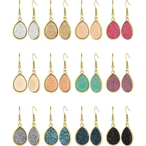 12 Pairs Faux Druzy Drop Earrings Crystal Pendant Dangle Earrings Multicolor Stainless Steel Earrings for Women
