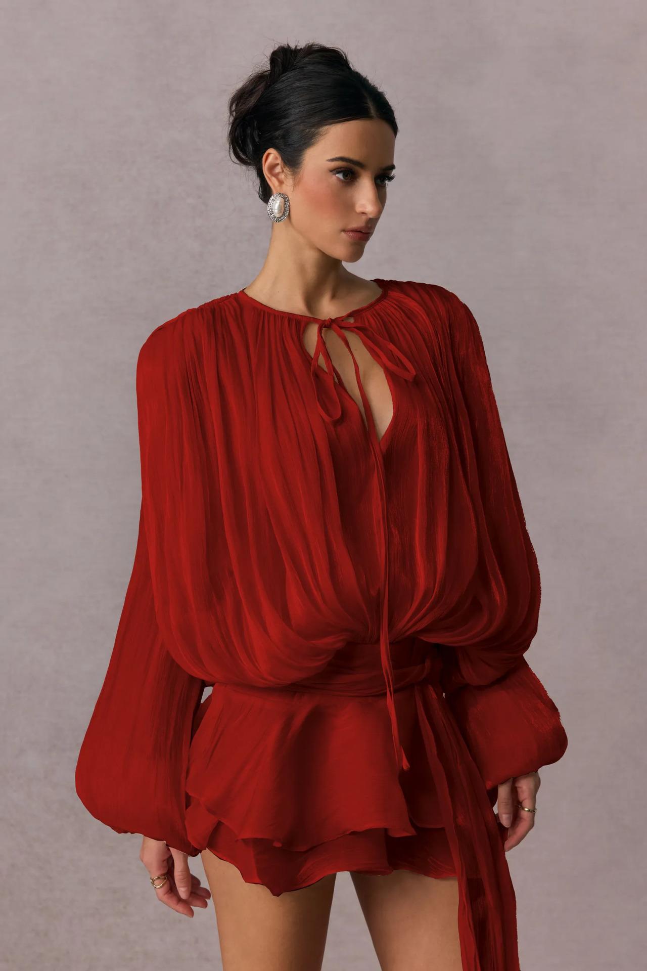 sequin fabric pleated lantern sleeves multi-layered ruffled hem mini dress,Pleated Ruffle Hem Mini Dress Hollow Out Tiered