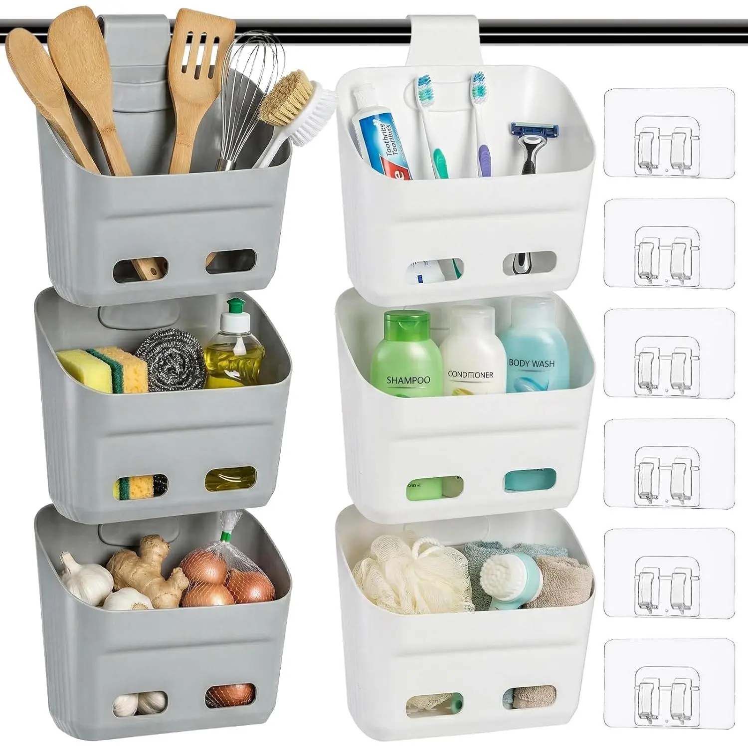 Eorbow 6 Pack Plastic Hanging Storage Basket, Over the Door Cabinet Shower Caddy, Stackable Kitchen Organizer Wall Mount with Detachable Hook, Shelf Bins with Draining Hole for Bathroom Pantry Closet