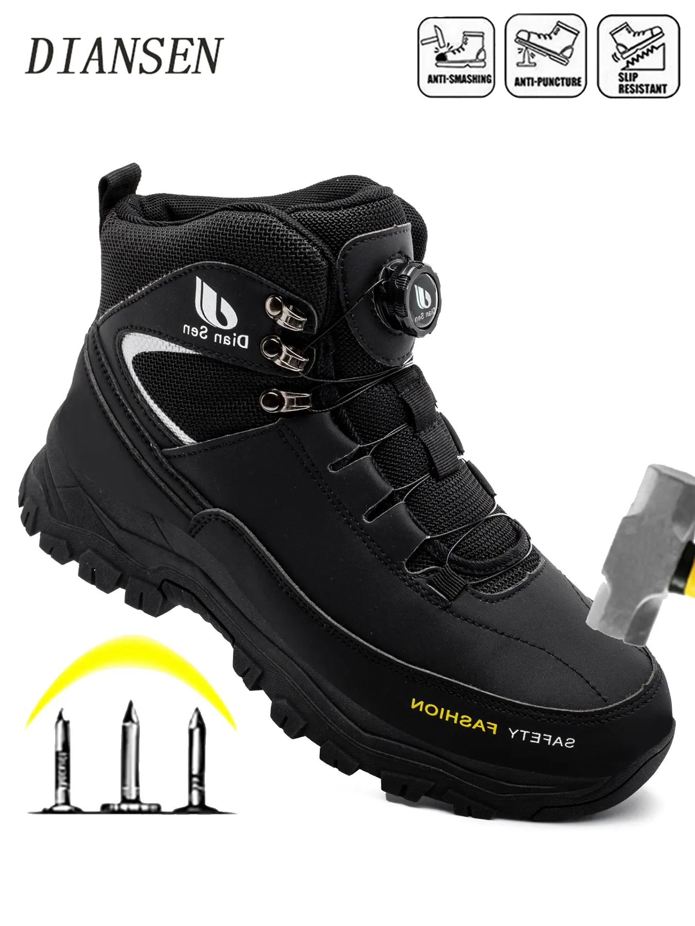 Men's Steel Toe Safety Shoes, Outdoor Construction Work Boots, Waterproof Mid Top, Durable Rubber Sole, All Seasons Casual Style