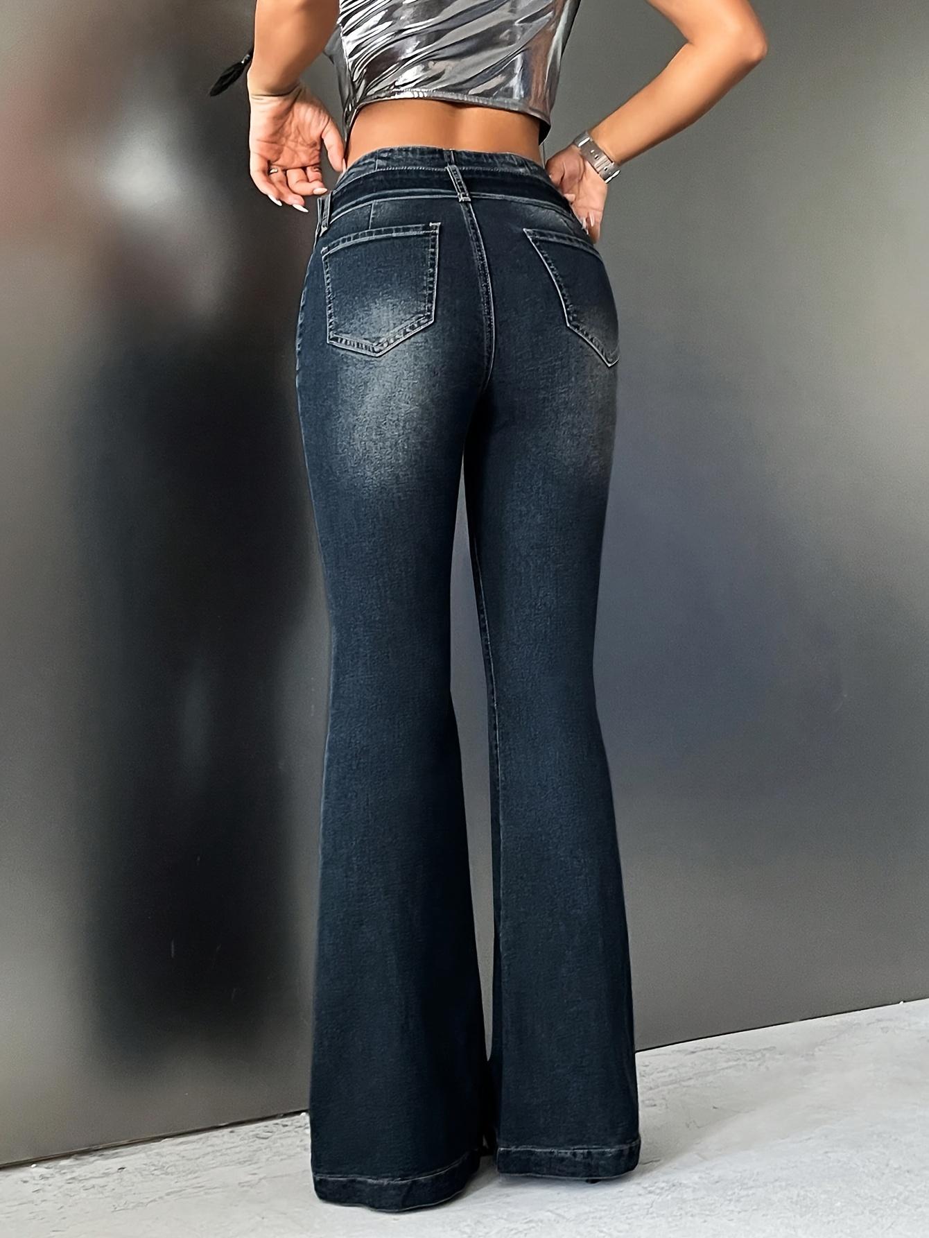 [Elegant Flared Jeans] Women's Elegant High Waisted Vintage Blue Flared Jeans - Stretch Fabric, Flared Trousers with Slash Pockets And Button Closure Design, A Versatile Item for All Seasons!
