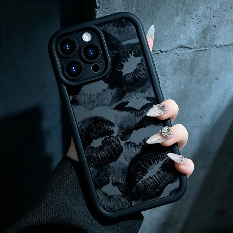 Black Matte Shockproof Phone Case for iPhone 17 E 16 15 Plus 14 13 12 11 promax & Samsung S21-S26, A13-A54, Dark Grayscale Lip Kiss Print Anti-Scratch Y2K Trendy Protective Cover