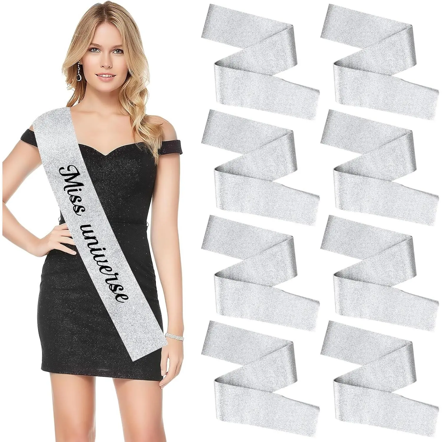 8Pcs Glitter Silver Blank Satin Sashes for Pageants Senior 2026 Beauty Pageant