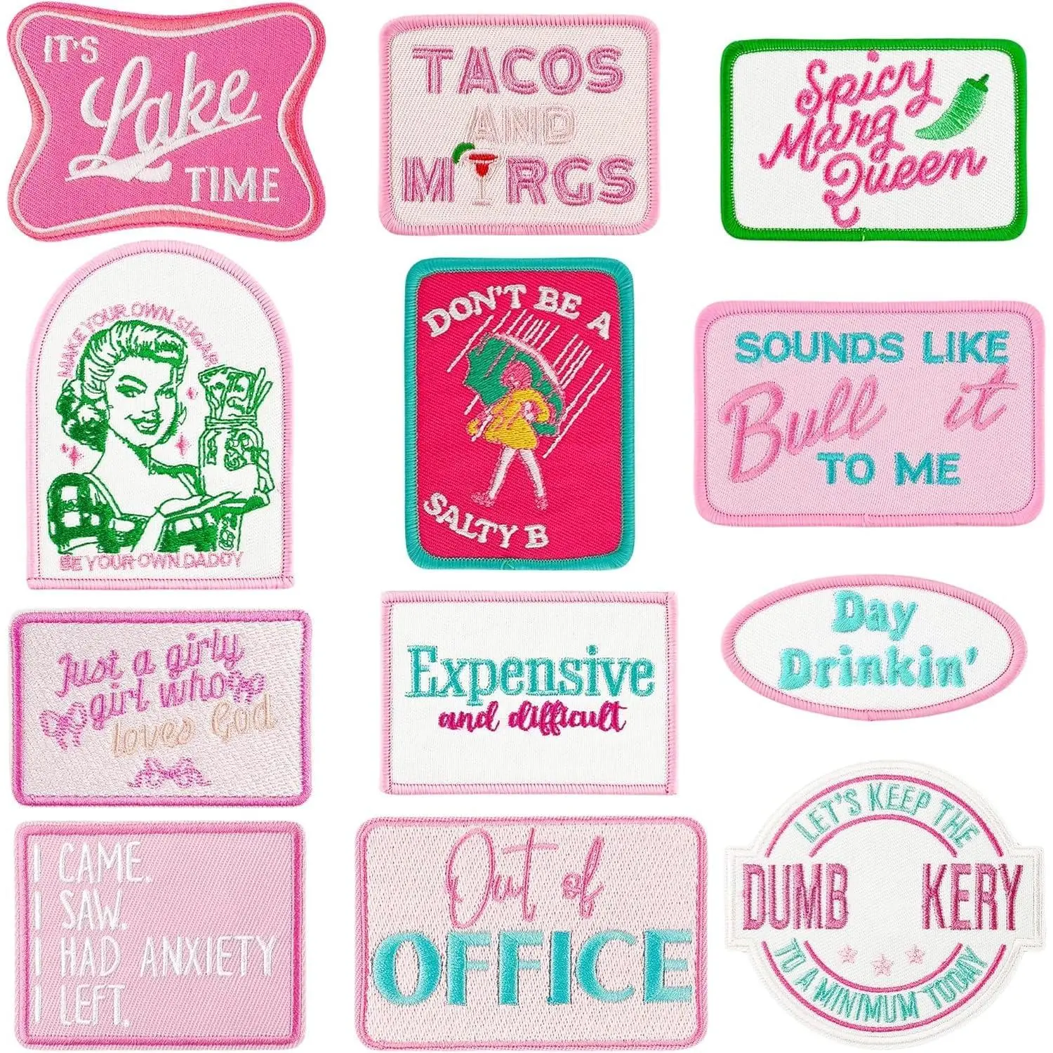12 Pcs Funny Trucker Hat Patches Iron on Pink Humor Embroidered Patches for Girls Women Vintage Sew Applique Repair Patches DIY Sew on Patches for Hat Backpacks Pants Jacket DIY Accessories
