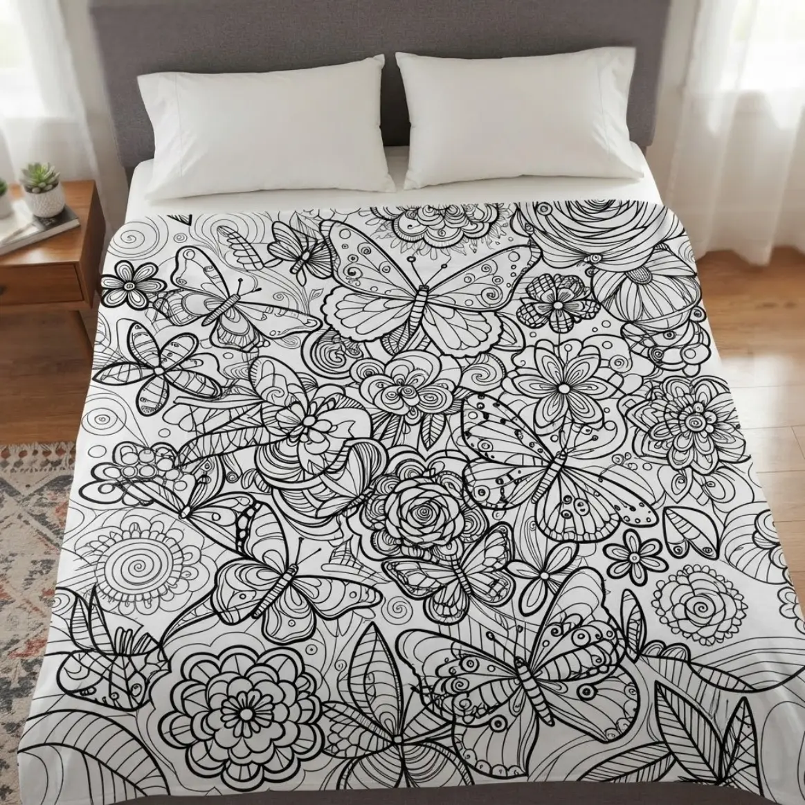 2D Flat Butterfly Floral Pattern Coloring Throw Blanket, Adult Kids Stress Relief Flannel Blanket, Creative Washable Sofa Cover, Soft Cozy Warm Blanket for Bedroom Living Room Home Decor, Versatile Bedding Gift