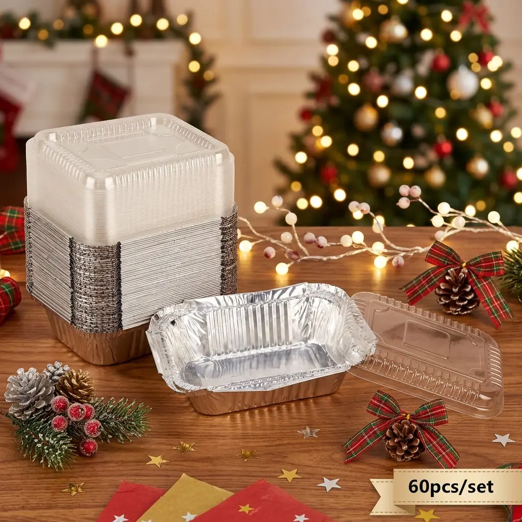 60 Piece Aluminum Foil Baking Trays with 60 Plastic Lids, Mini Disposable Tableware for BBQ and Oven, Essential for Family Gatherings, Bakeware Tray Set