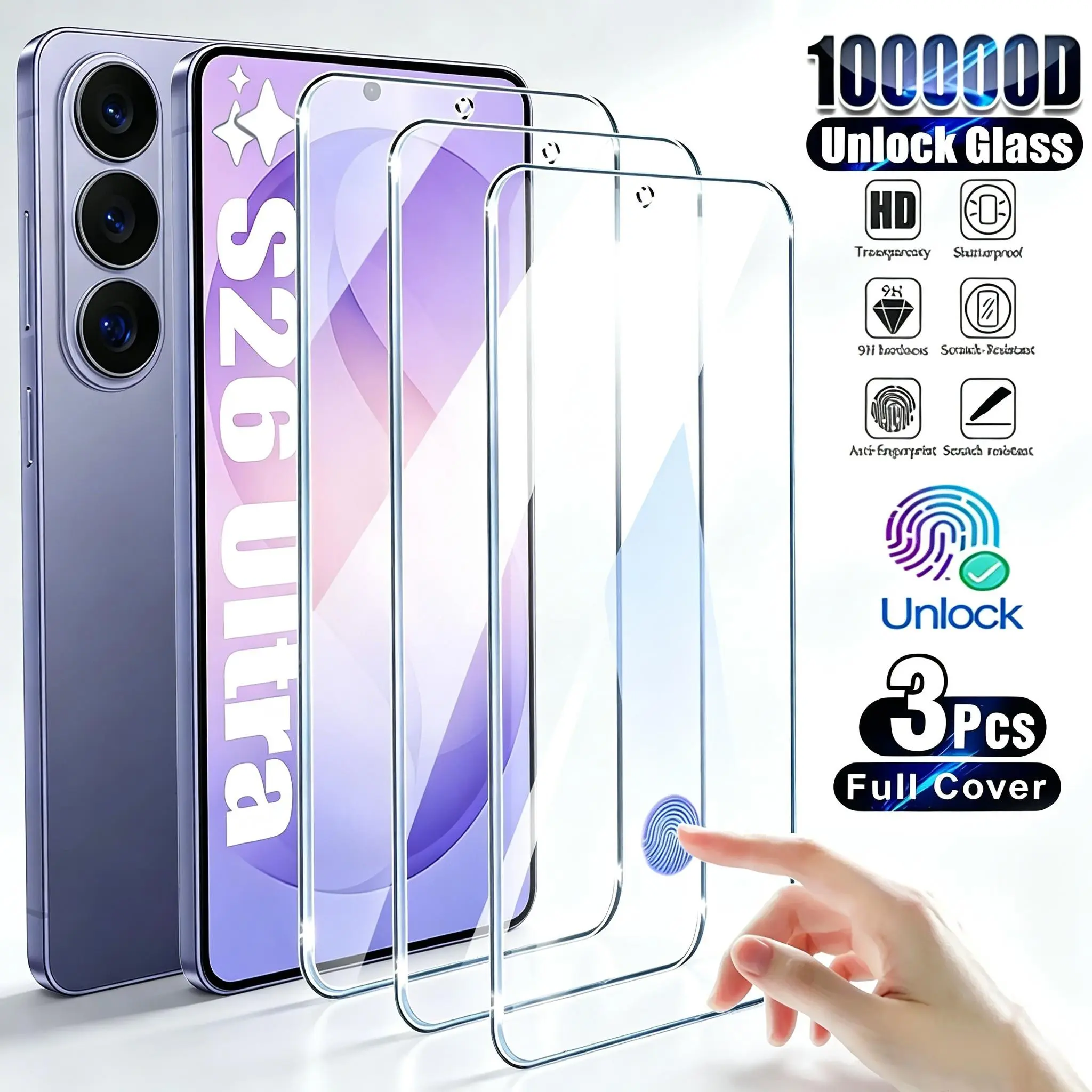 3pcs Ultra HD Tempered Glass Screen Protector for Samsung for Galaxy S26 Ultra/S25 Ultra/S24 Ultra/S26/S25/S24/S23/S22/S21/Plus/S25 Edge/S23+/S22+, 9H Hardness, Full Coverage, Fingerprint Unlocking, Anti-Scratch, Anti-Fingerprint