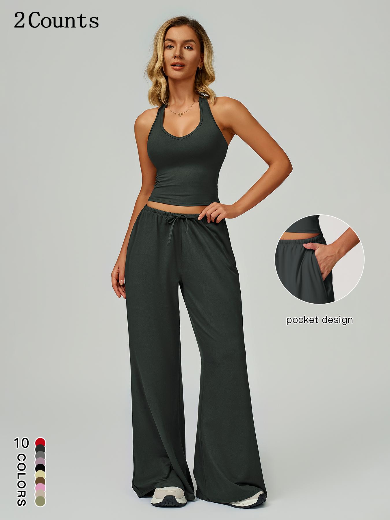 Women's Solid Crop Tank Top & Wide Leg Pants Set, Casual V Neck Sleeveless Top & Trousers for Daily Outdoor Wear, Ladies Sportswear for Summer Sports, Yoga and Airport Outfits, Gym Outfit