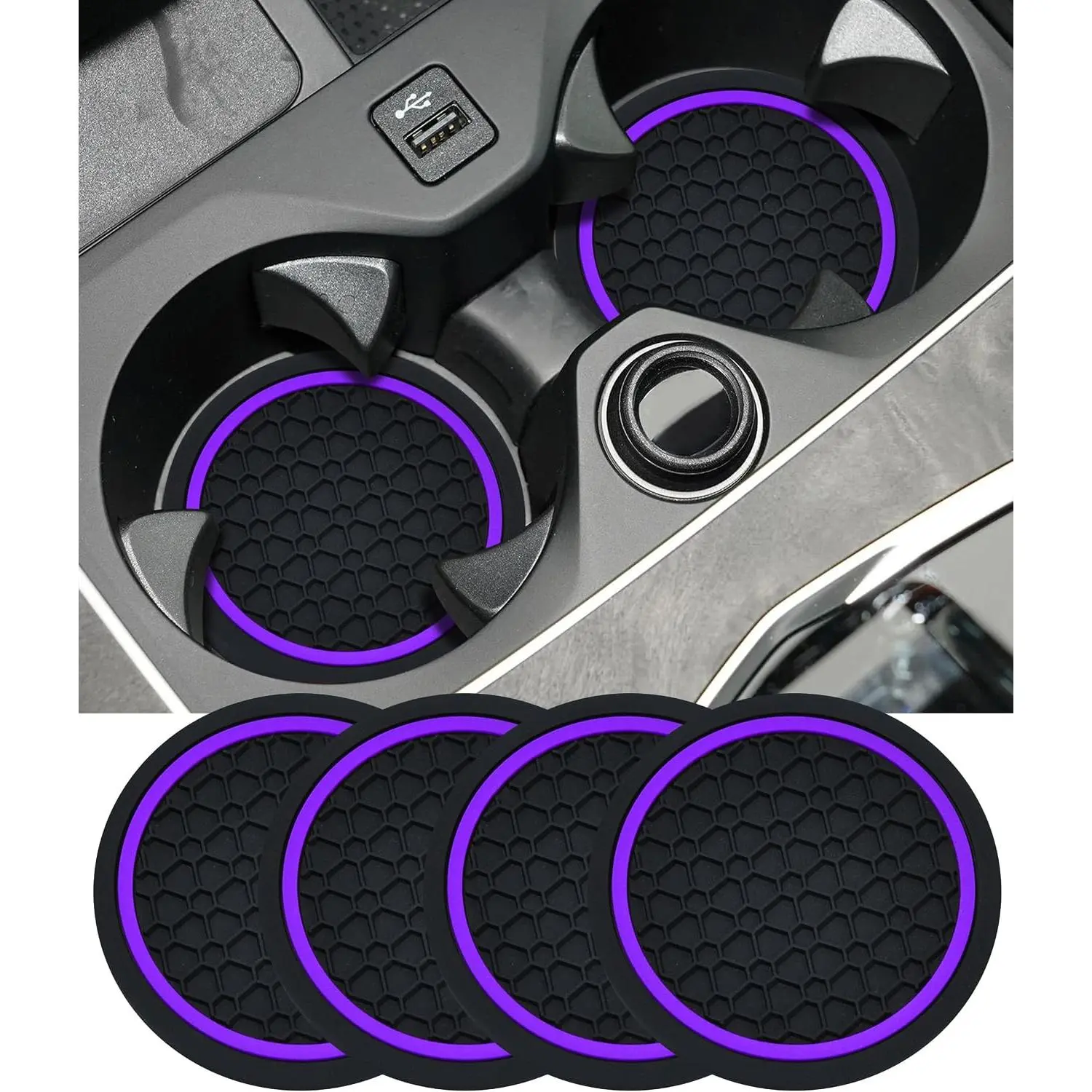 4-Count 2.75 Inch Non-Slip PVC Synthetic Car Cup Holders Coasters, Universal Fit Automotive Interior Accessories with Heat Insulation, Easy to Clean, Black, Driving Safety Enhancement