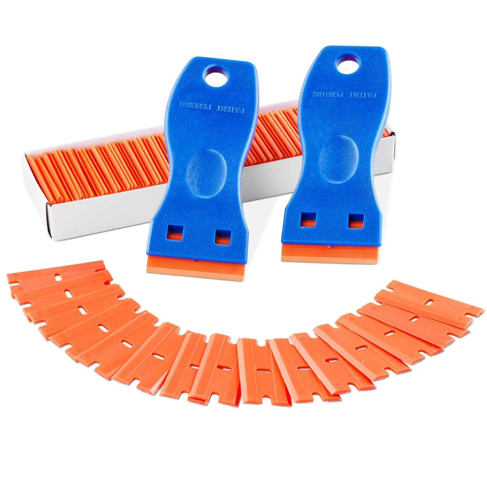 Plastic Razor Blade Scraper, 2PCS Scraper Tool, 120PCS Plastic Blades, Cleaning Scraper Remover for Stickers, Decals, Adhesive, Labels, Paint from Glass, Car, Window, Caulk, No Scratches, Blue