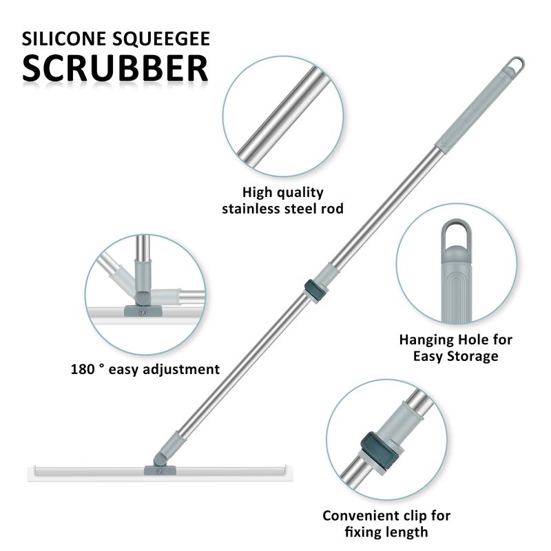 Floor Squeegee with Adjustable Long Handle 180° Rotatable Silicone Squeegee Scrubber with Replacement Squeegee Multifunctional Floor Squeegee Broom Detachable Floor Squeegee Blade