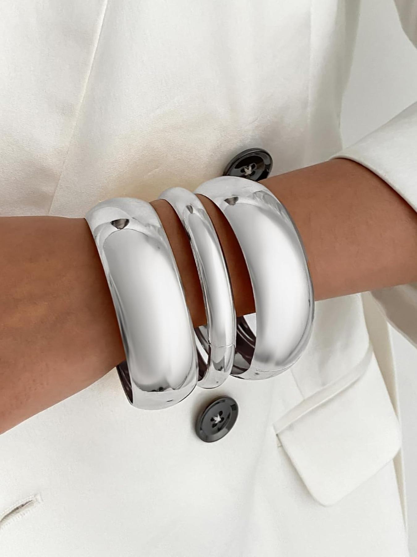 Elegant Wide Smooth Bracelet Set, Fashionable Versatile Exaggerated Design, 3-Piece Jewelry Collection, Layering, Stackable Bracelet, Perfect for Stylish