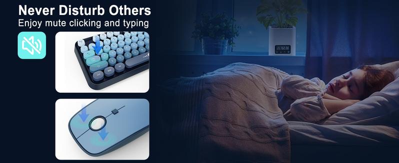 Wireless Keyboard and Mouse Combo 2.4G Full Size Cute Colorful Mouse with 104 Round Keys Retro Typewriter Keyboard for Laptop Windows PC Blue Gradient