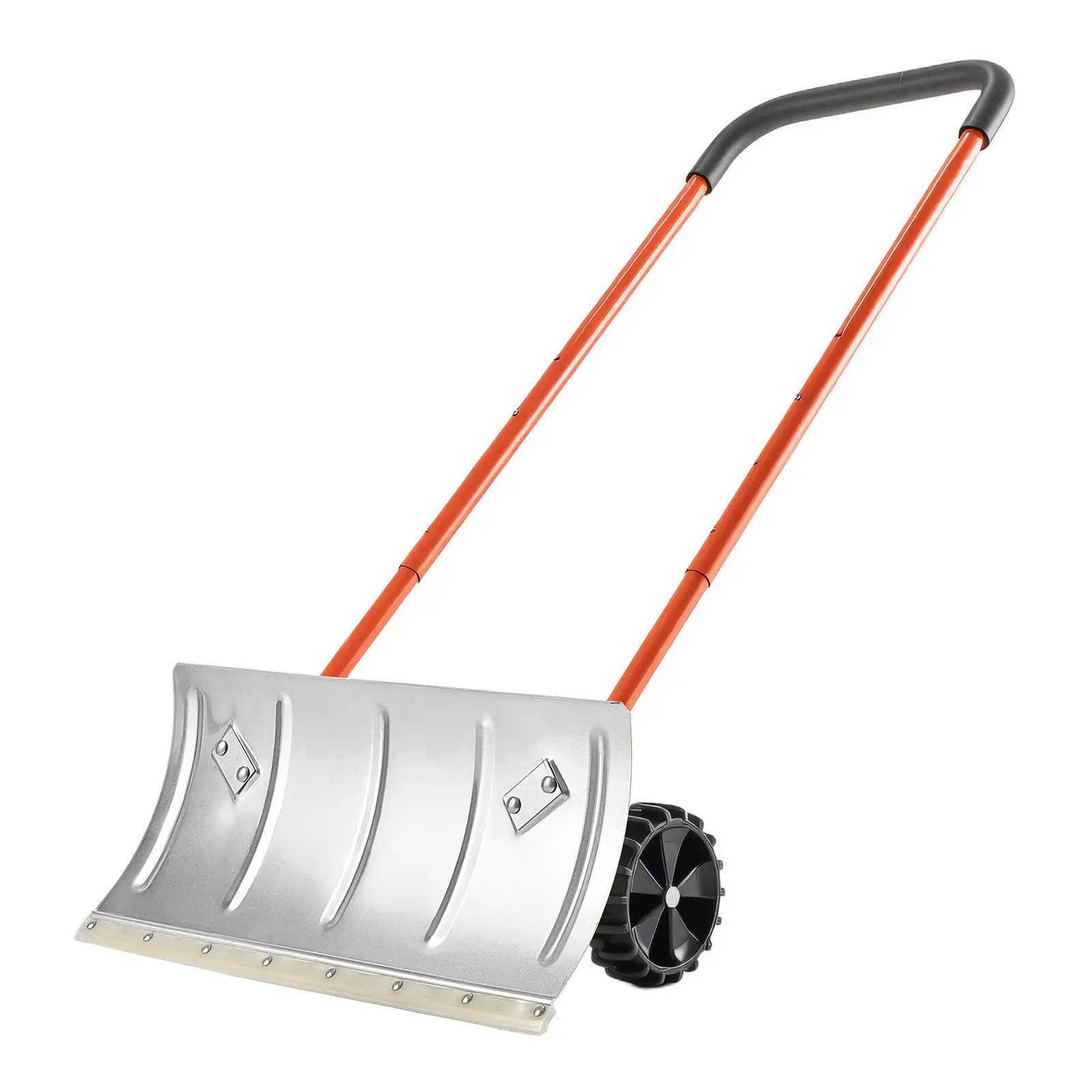 Snow Pusher Shovel with Wheels, 24 in Wheeled Snowplow Shovel with Bi-Directional Angled Blade & 90 Degree Adjustable Handle, Metal Winter Shovels, Portable Snow Removal Tool for Driveway Garden