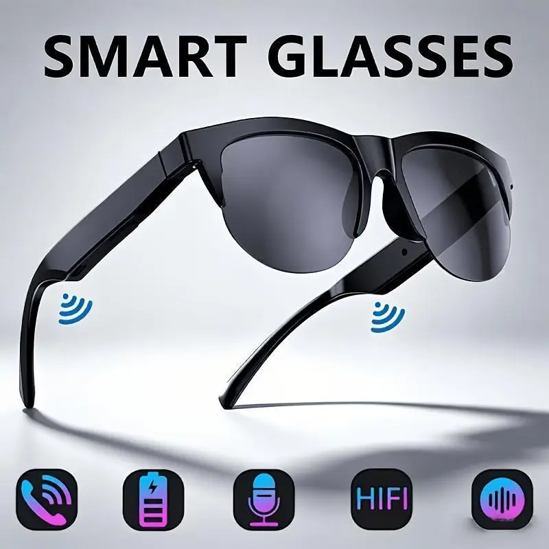 SG-02 Unisex Adults Built-in Earbuds Smart Glasses, Smart Bluetooth Audio Glasses with Touch & Gesture Control, Wireless Music Player Sunglasses with Hands-Free Calling, Open Ear Headphones for Driving, Cycling