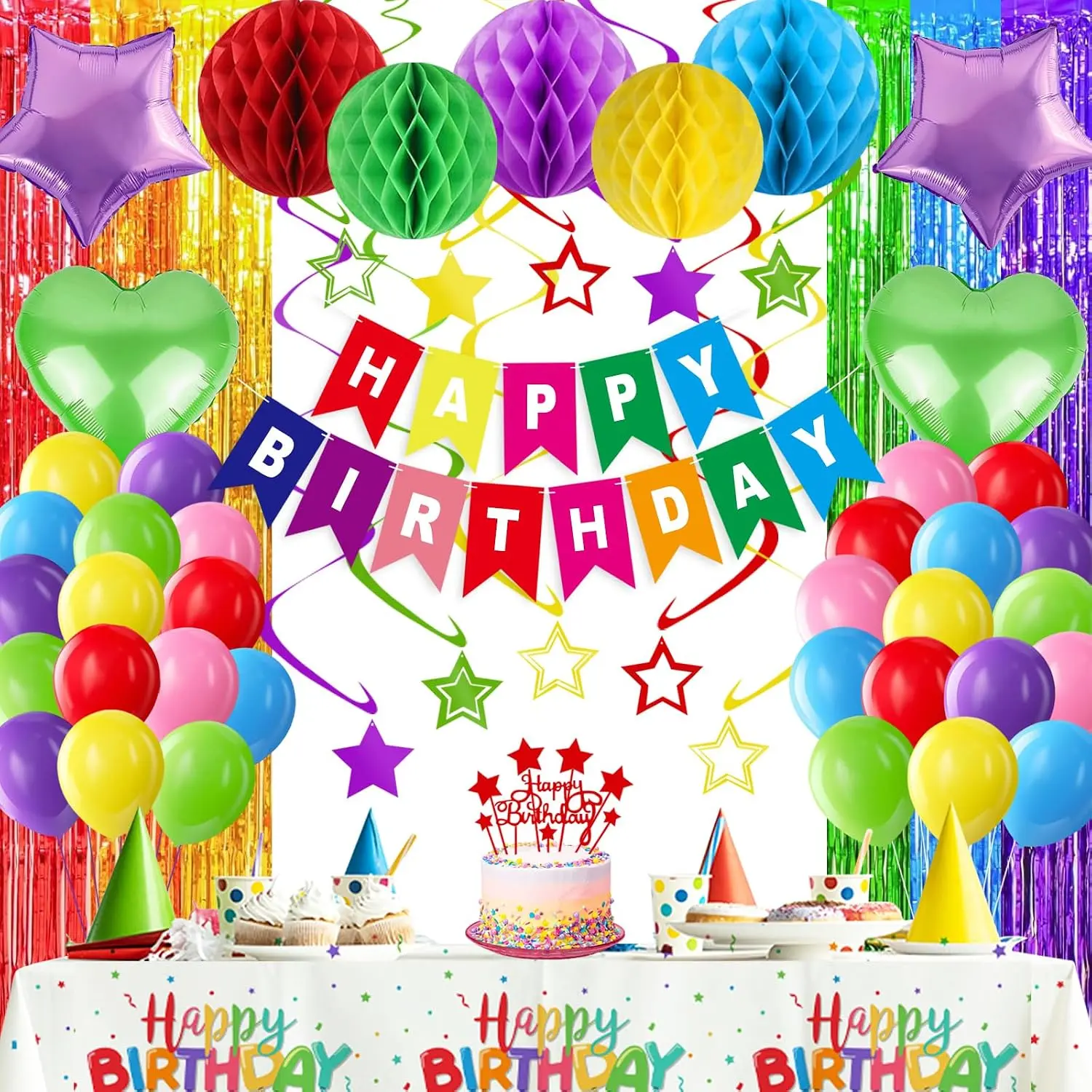 Colorful Birthday Party Decorations Rainbow Happy Birthday Banner  Balls Fringe Curtain Foil Balloons  Swirls Cake Topper Tablecloth Party Supplies for Girls Boys  Women Men