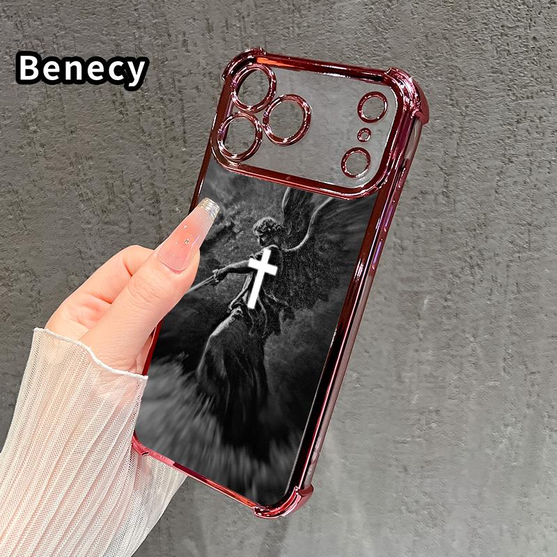 Phone Case for iPhone 17 Pro Max 16 15 Plus Air 14 13 12 11 E Christian Aesthetics Cross Judgement Angel Pattern Four-corner Thickened Anti-drop Protective Silicone Cover Gift